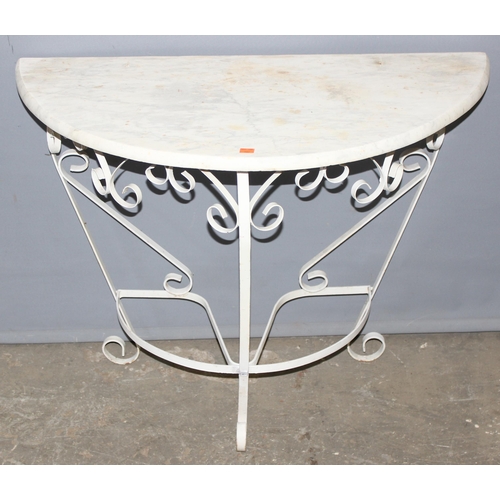 51 - A marble topped demilune hall table with wrought iron base, approx 90cm wide x 4cm deep x 70cm tall