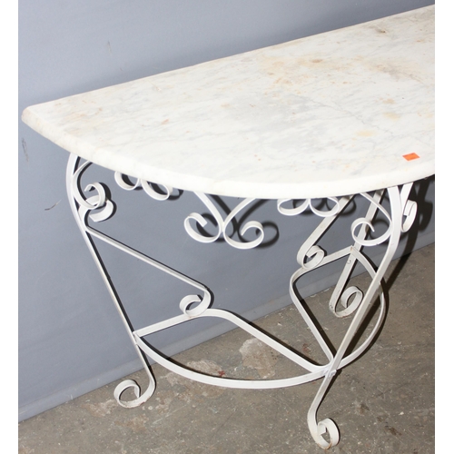 51 - A marble topped demilune hall table with wrought iron base, approx 90cm wide x 4cm deep x 70cm tall