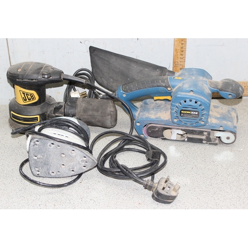 836 - Qty of power tools to include Workzone 800w belt sander and a JCB random orbital sander