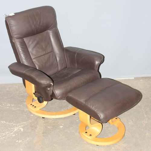 90 - An Ekornes style bentwood and leather reclining armchair and footstool, approx 94cm tall