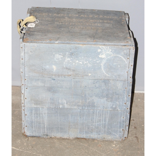 94 - A distressed painted wooden trunk with military writings, approx 60cm wide x 50cm deep x 52cm tall