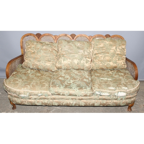 107 - An Art Deco period 3 seater bergere backed sofa with carved walnut frame, approx 164cm wide x 80cm d... 