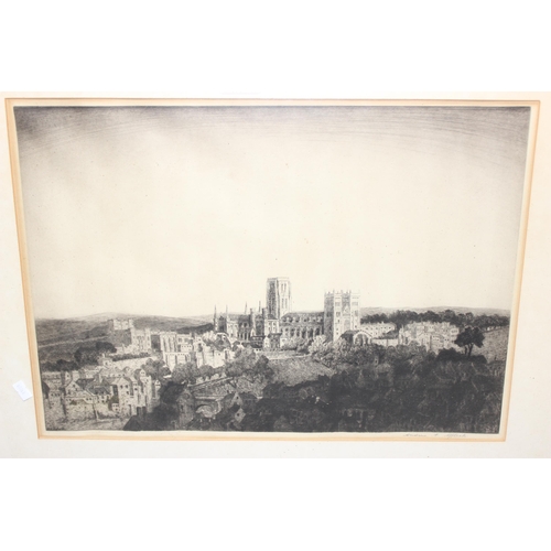 439A - Framed etching of Durham Cathedral signed by the artist Andrew F Affleck, approx 68cm x 55cm