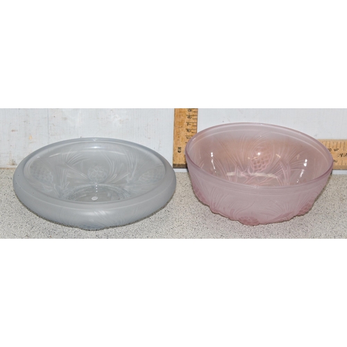 1651A - 2 different shaped early 20th century frosted Jobling bowls, both with fir cone design, one in pink,... 