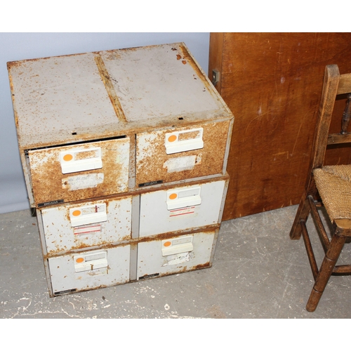 100 - 3 x double metal drawers by Beam, pasting table, small rush-seated chair, and a large bentwood steam... 