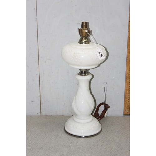 236A - Leather wrapped brass table lamp by Chad lighting, and a converted milk glass oil lamp decorated wit... 