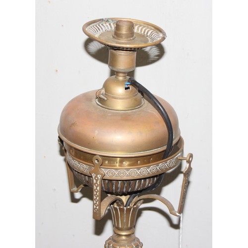 256A - Antique brass standard lamp with onyx dumbwaiter, 3 footed Corinthian style oil lamp later converted... 