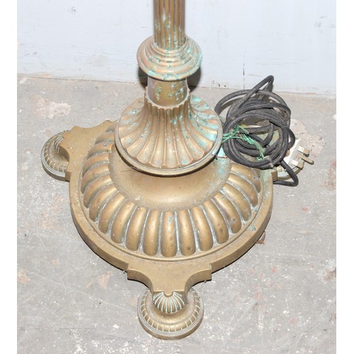 256A - Antique brass standard lamp with onyx dumbwaiter, 3 footed Corinthian style oil lamp later converted... 