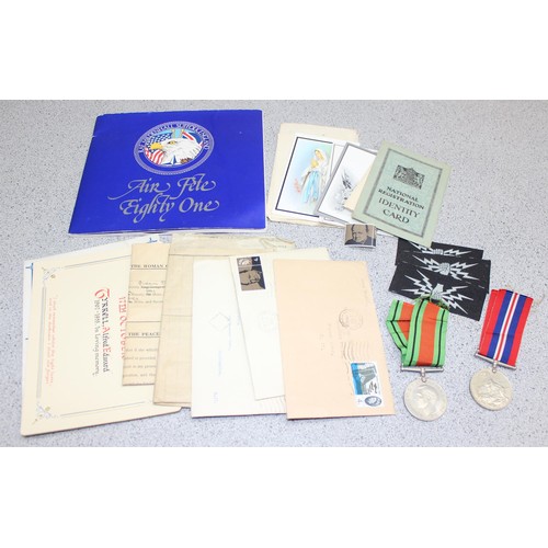 1497 - Qty of WW2 and later related paperwork, ephemera, 2 WW2 medals and 4 vintage Cash's Stevengraph type... 