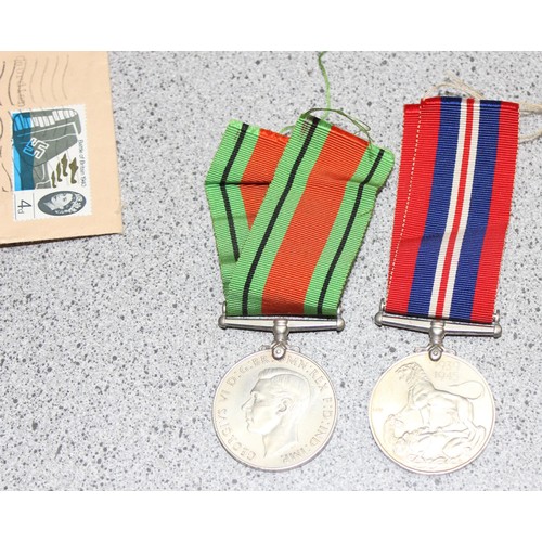 1497 - Qty of WW2 and later related paperwork, ephemera, 2 WW2 medals and 4 vintage Cash's Stevengraph type... 