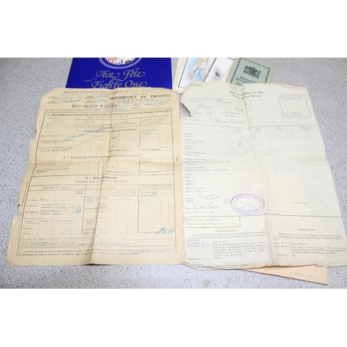 1497 - Qty of WW2 and later related paperwork, ephemera, 2 WW2 medals and 4 vintage Cash's Stevengraph type... 