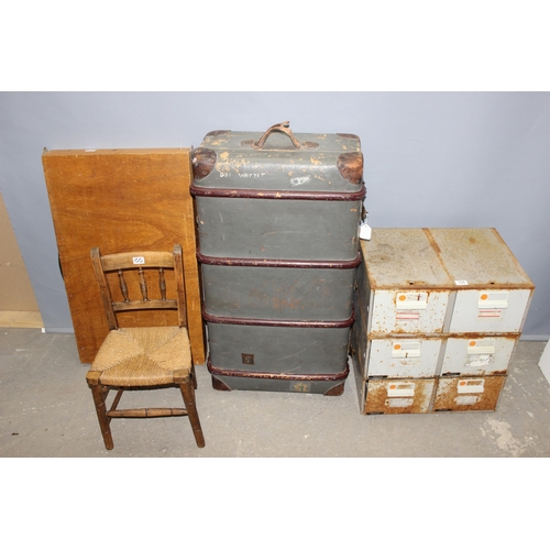 100 - 3 x double metal drawers by Beam, pasting table, small rush-seated chair, and a large bentwood steam... 