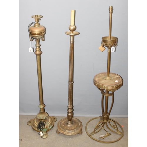 256A - Antique brass standard lamp with onyx dumbwaiter, 3 footed Corinthian style oil lamp later converted... 