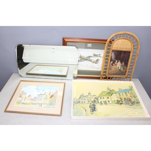 409A - 2 original watercolours, an Art Deco period clip frame mirror, a bamboo framed print and another vin... 