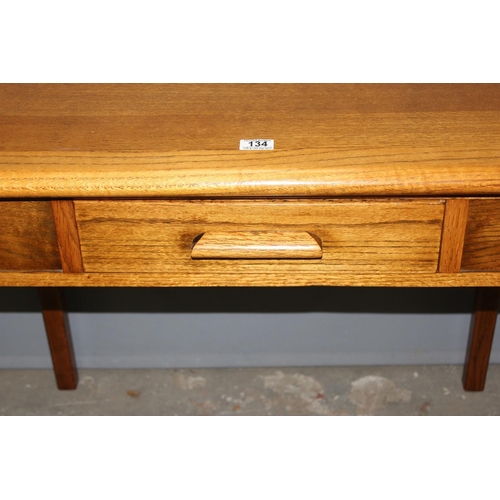 134 - A vintage oak desk or side table with single drawer by Abbess, approx 91cm wide x 53cm deep x 75cm t... 