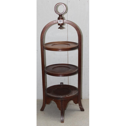 151 - An antique style mahogany 3 tier cake stand, approx 26cm x 82cm tall