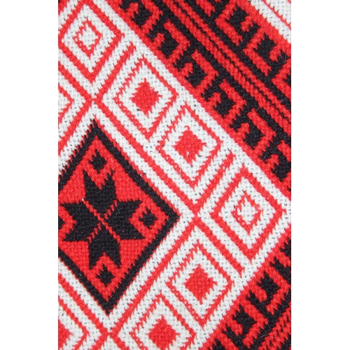 201 - A vintage Welsh style reversible blanket of red, black and white, approx. 215cm x 240cm