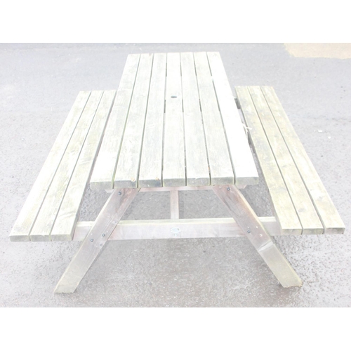 306 - A modern garden picnic bench by MC Timber, approx 180cm wide x 150cm deep x 72cm tall