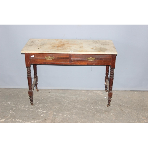 82 - An antique marble topped 2 drawer side table or wash stand, approx 107cm wide x 51cm deep x 75cm tal... 