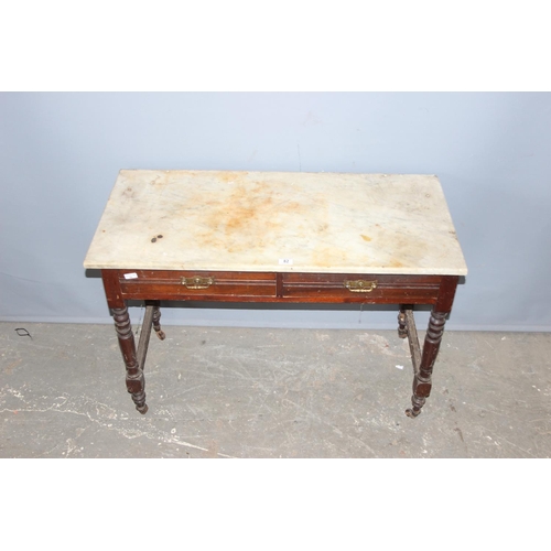 82 - An antique marble topped 2 drawer side table or wash stand, approx 107cm wide x 51cm deep x 75cm tal... 