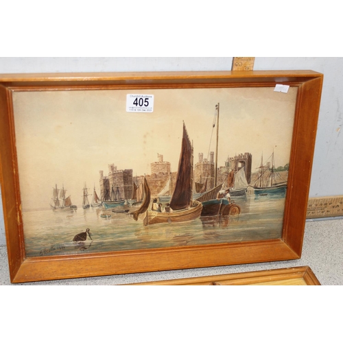 405 - E. Beattie (XIX), watercolour of boats in a harbour near a castle and a vintage triple tray, picture... 