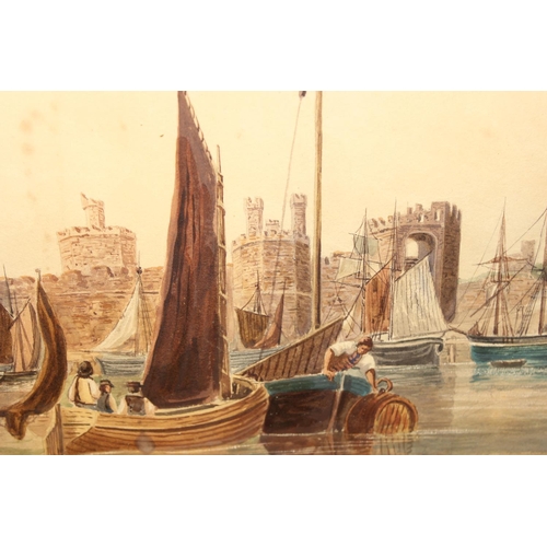 405 - E. Beattie (XIX), watercolour of boats in a harbour near a castle and a vintage triple tray, picture... 