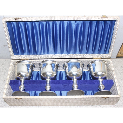 1061 - Group of four vintage pewter Pinter Bros wine goblets in original fitted blue silk lined presentatio... 