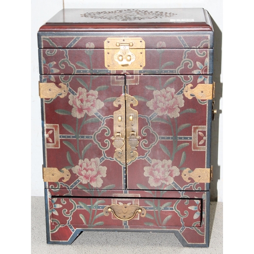 1132 - A Chinese painted wooden jewellery box and contents, approx 38cm tall