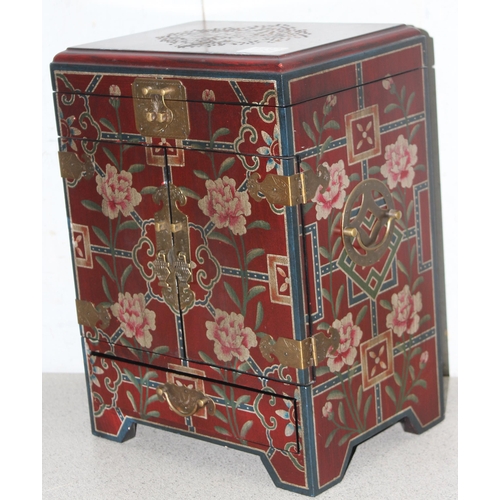 1132 - A Chinese painted wooden jewellery box and contents, approx 38cm tall