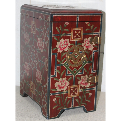 1132 - A Chinese painted wooden jewellery box and contents, approx 38cm tall