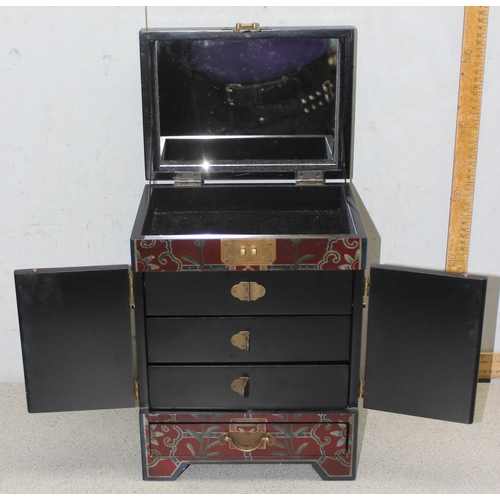 1132 - A Chinese painted wooden jewellery box and contents, approx 38cm tall