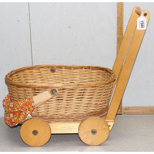 1544 - 1960’s David Lethbridge Studio hand made plywood framed wicker basket pram with original fabric hood... 