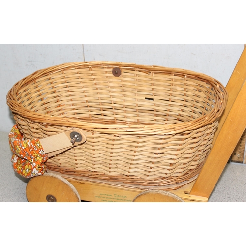 1544 - 1960’s David Lethbridge Studio hand made plywood framed wicker basket pram with original fabric hood... 