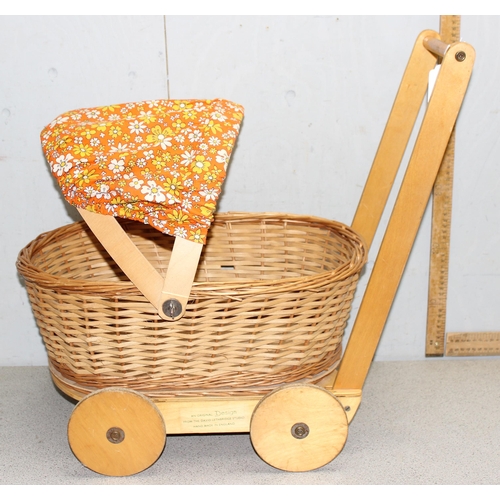 1544 - 1960’s David Lethbridge Studio hand made plywood framed wicker basket pram with original fabric hood... 