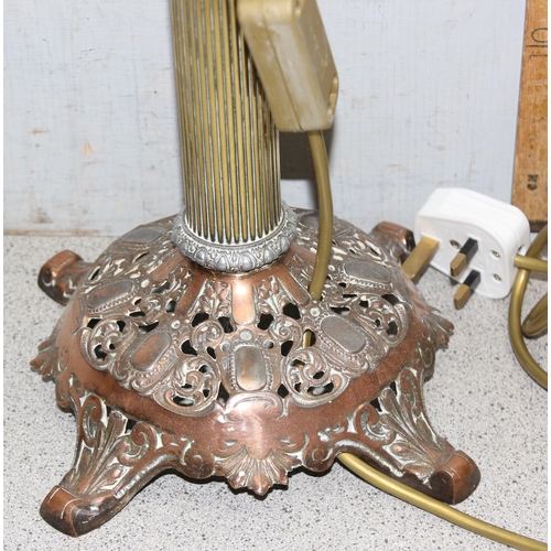 254 - A Victorian tall decorative brass and copper American “Miller” oil lamp converted to electricity wit... 