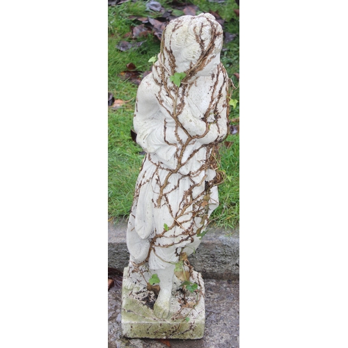 315 - Weathered concrete garden statue of a classical female, approx 81cm tall