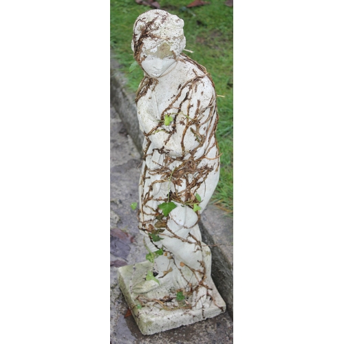 315 - Weathered concrete garden statue of a classical female, approx 81cm tall