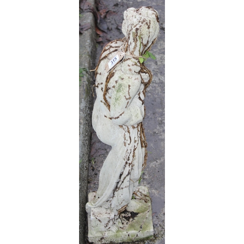 315 - Weathered concrete garden statue of a classical female, approx 81cm tall