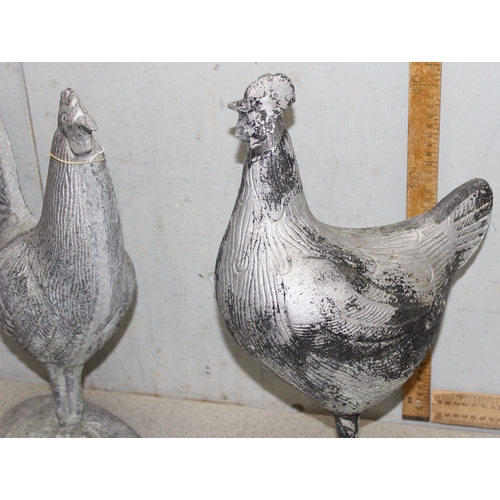 319 - Vintage cast zinc rooster and hen garden ornaments, each approx 46cm x 30cm (2)