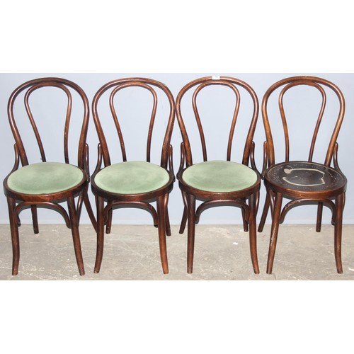 77 - A set of 4 vintage Thonet style bentwood pub chairs with green upholstered seats, each approx 90cm t... 