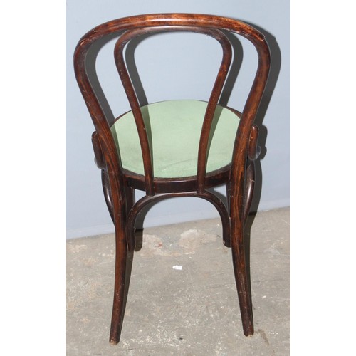 77 - A set of 4 vintage Thonet style bentwood pub chairs with green upholstered seats, each approx 90cm t... 