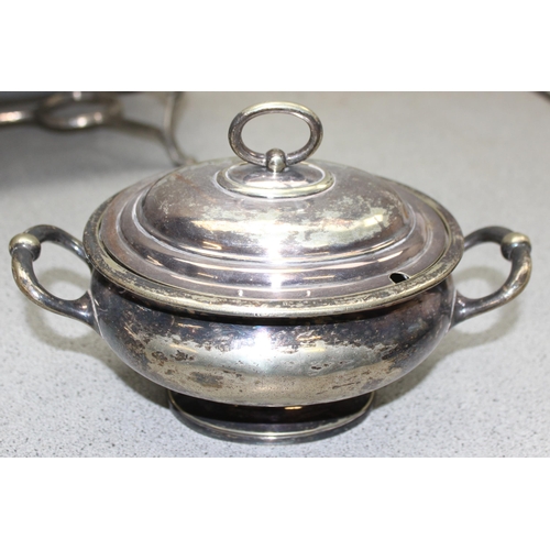 1065 - Qty of antique and later silver plate to include terrine and a military stamped gravy boat, approx. ... 