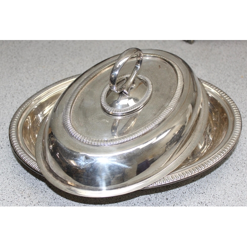 1065 - Qty of antique and later silver plate to include terrine and a military stamped gravy boat, approx. ... 