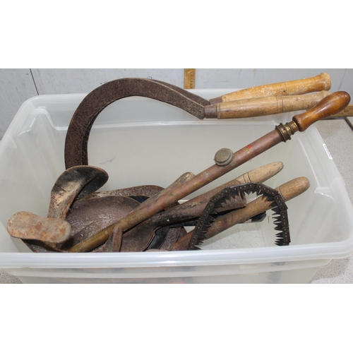 320 - Qty of vintage outdoor tools to include 2 Sickles