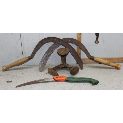 320 - Qty of vintage outdoor tools to include 2 Sickles