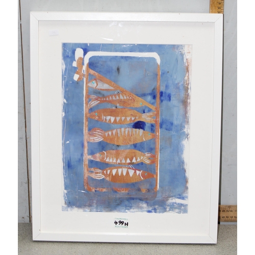 499H - An unusual abstract linocut print of fish, indistinctly signed in pencil, approx 53cm x 43cm