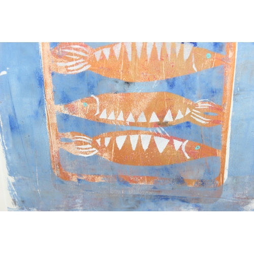 499H - An unusual abstract linocut print of fish, indistinctly signed in pencil, approx 53cm x 43cm