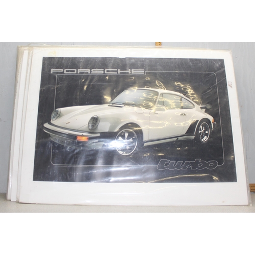 721 - Qty of vintage car posters to include Ferrari and Porsche