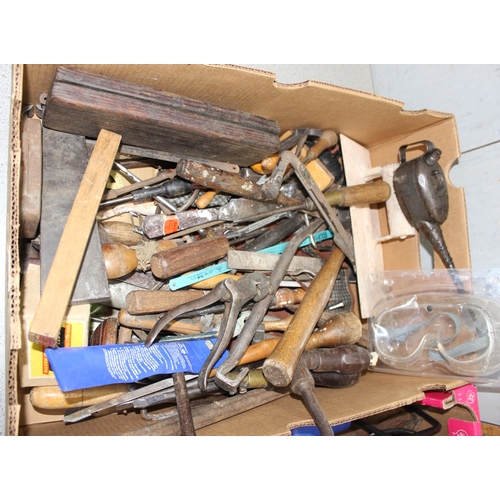 828 - 2 boxes of tools to include vintage hand tools, oil can and boxed socket set