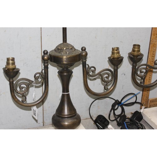 238 - Pair of French Empire style two-branch brass table lamps on marble bases, approx 60cm tall